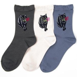 画像: LEG WEAR 絹混バラとねこ柄ソックス