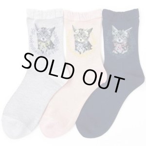 画像: LEG WEAR 絹混リボンねこ柄ソックス