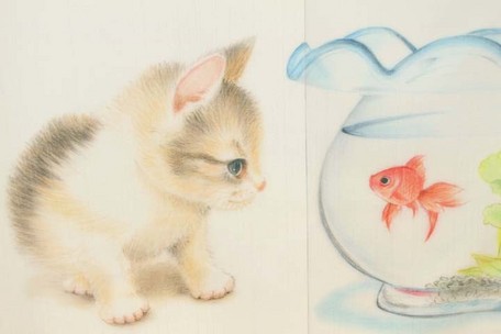 画像: レースプリントのれん　仔猫と金魚